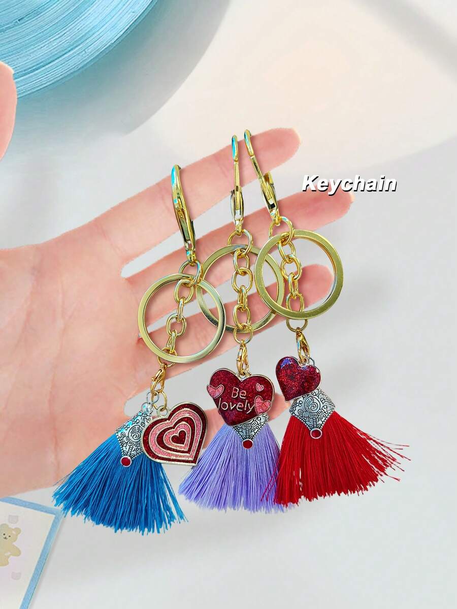 New Creative Heart & Letter Tassel Keychain - A - View 1