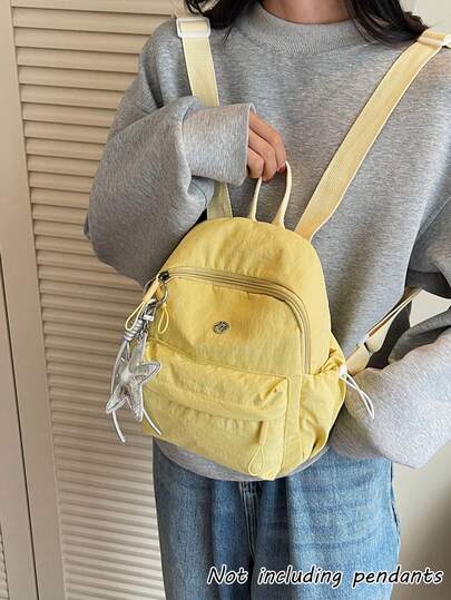1 pieza Mochila mini casual coreana de nailon amarillo con cierre de cremallera, espaciosa y compacta (los colgantes no están incluidos) para uso diario y salidas casuales de mujeres