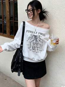 Women's Letter & Dance Shoes Print Drop Shoulder Long Sleeve Casual Ribbed Sweatshirt - White - View 5