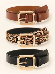 3条金色方形扣女士PU皮腰带，时尚优雅百搭，可搭配T恤、连衣裙、西装、日常穿着