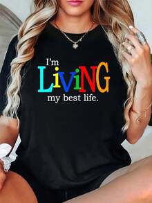 100% Cotton I'm Living My Best Life T-Shirt T-Shirt Short Sleeve Round Neck Casual Top For Summer & Spring, Women's Men's Graphic Tee - 黑色 - 查看 1