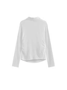 Plunging Neck Splicing 2 In 1 Fitted Long Sleeve T-Shirt Blouse For Women, Stylish Design White Casual - White - View 5