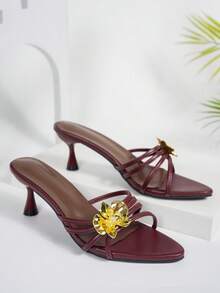 2026 Frühling/Sommer Neue Strass Metallic Blumen Offene Zehe Riemchen Sandalen, Spitze Zehe Party High Heels - Bordeaux - Übersicht 2