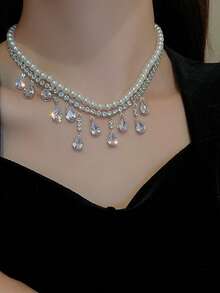 1件水晶和仿珍珠装饰多层奢华吊坠项链，适合晚宴装扮、开斋节、新年礼物、生日礼物 - 銀色 - 查看 1