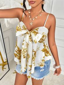 AIJ Amarilo 女士印花吊带 A 字衬衫 - 系带腰身，海滨度假风，春夏款 - 黃色 - 查看 6