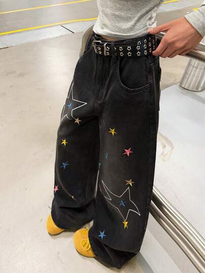 1pc Korean Streetwear Fashion Women's Black Denim Wide Leg Jeans With Star Embroidery, Loose & Comfortable, Versatile High Street Casual Denim Pants (Belt/Accessories Not Included) Spring