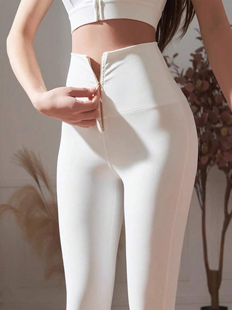 女士休闲纯色拉链高腰紧身裤 春季 白色 - 白色 - 查看 1
