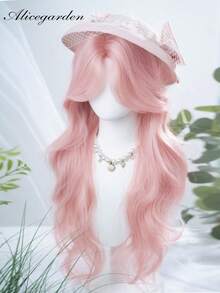 alicegarden Forehead Lace 4*1,1 Piece Synthetic Heat Resistant Curly Pink Wig With Bangs, Length 30, Fiber Fashion Wig, Natural Realistic Wig. - Pink - View 1