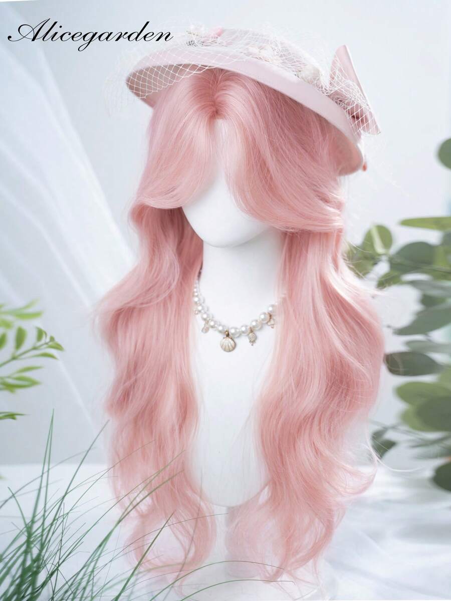 alicegarden Forehead Lace 4*1,1 Piece Synthetic Heat Resistant Curly Pink Wig With Bangs, Length 30, Fiber Fashion Wig, Natural Realistic Wig. - Pink - View 1