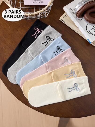 3 Pairs Women's Bow Print Ankle Socks, Assorted Color Mid-Calf Socks, Suitable For Vacation, Sports, Casual, Business And Daily Wear, Indoor And Outdoor, All Seasons, Random Color Delivery