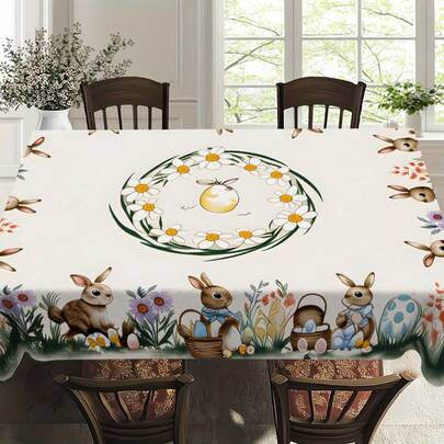 1 szt. Obrus z wiankiem z zajączka wielkanocnego i jajek, ręcznie malowana dekoracja jadalni w stylu pasterskim, zmywalny obrus z poliestru na świąteczne spotkania, kolorowy obrus na wesele/imprezę na świeżym powietrzu, odpowiedni do użytku wewnątrz i na zewnątrz
