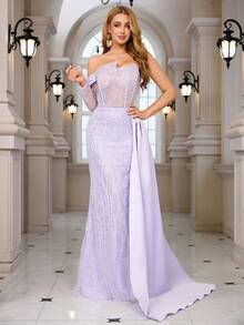 Beaded, Sequin Embroidered Lace Sexy Mermaid Tail Side Slit Evening Dress - Mauve Purple - View 7