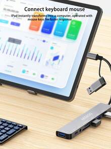 Adaptador de hub USB 3.0 de 8 en 1, interfaz multifuncional, compatible con teléfonos tipo C y tabletas iPad OTG, con conector de 3.5 mm para auriculares, unidad flash USB, disco duro, lector de tarjetas SD - Gris - Ver 5