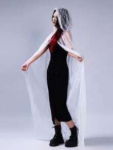 1pc Halloween Dark Style Lace Double-Layer Cloak Costume, Fashionable Black