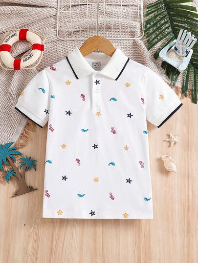 Tween Boy Star Print Casual Polo Shirt With Collar, Short Sleeve, Summer