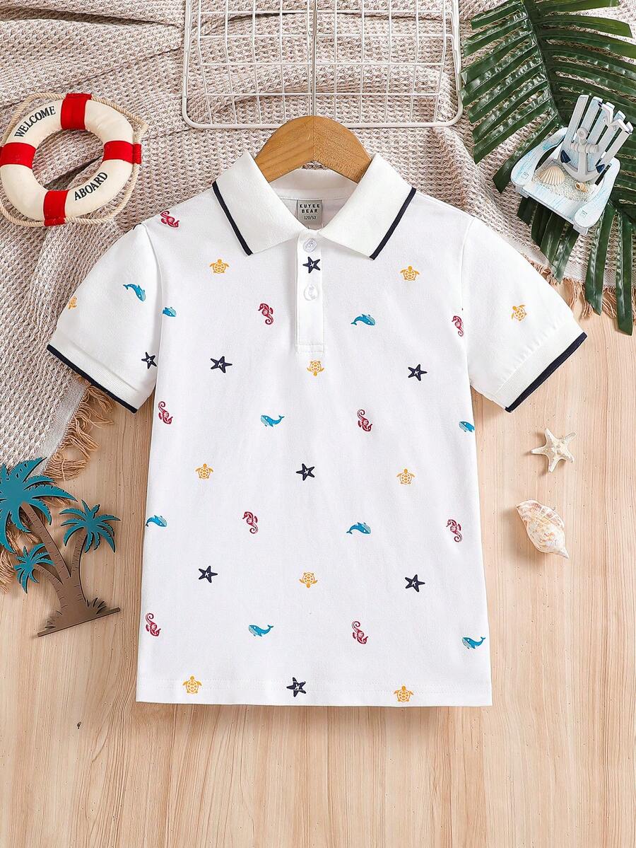 Camisa polo informal con cuello y manga corta con estampado de estrellas para niño preadolescente, para verano - Blanco - Ver 1