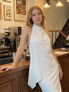 Women's Asymmetrical Halter Top Dressy Sleeveless Flowy Tank Tops Sleeveless Asymmetrical Halter Top High Neck Loose Fit Flowy Tank Top Backless Casual Dressy Blouse Shirts - 白色 - 查看 3
