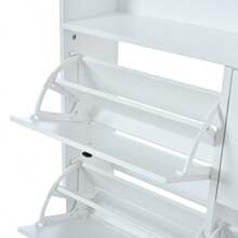 120 X 24 X 200 Cm, Entryway Coat Rack, 3-In-1 Multifunctional Shoe Cabinet, Hinged Door, 8 Hooks, Compact Coat Rack, Living Room Cabinet With 5 Shelves, White - White - View 3