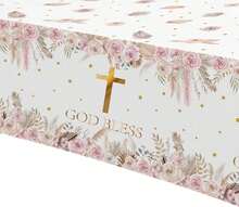 FVABO Boho God Bless Baptism Drations Tablecloth, 3pcs Disposable Pampas Gr First Communion Drations Party Supplies Tablver, 86in X 55in - 杏色 - 查看 3