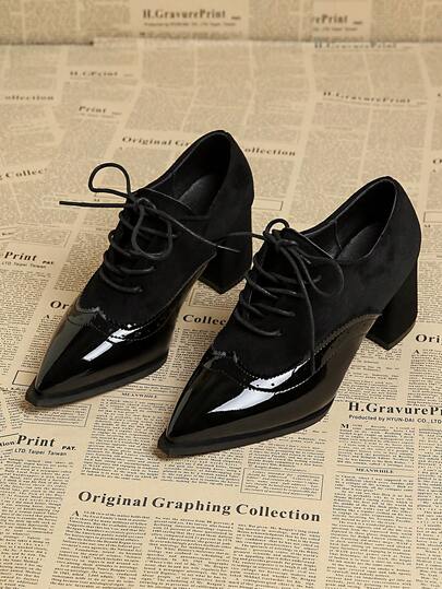 Women's Black High Heel Lace-Up Vintage Oxfords, Business Casual Splice Thick Heel Dress Shoes, Spring/Autumn New Arrival, Premium Quality