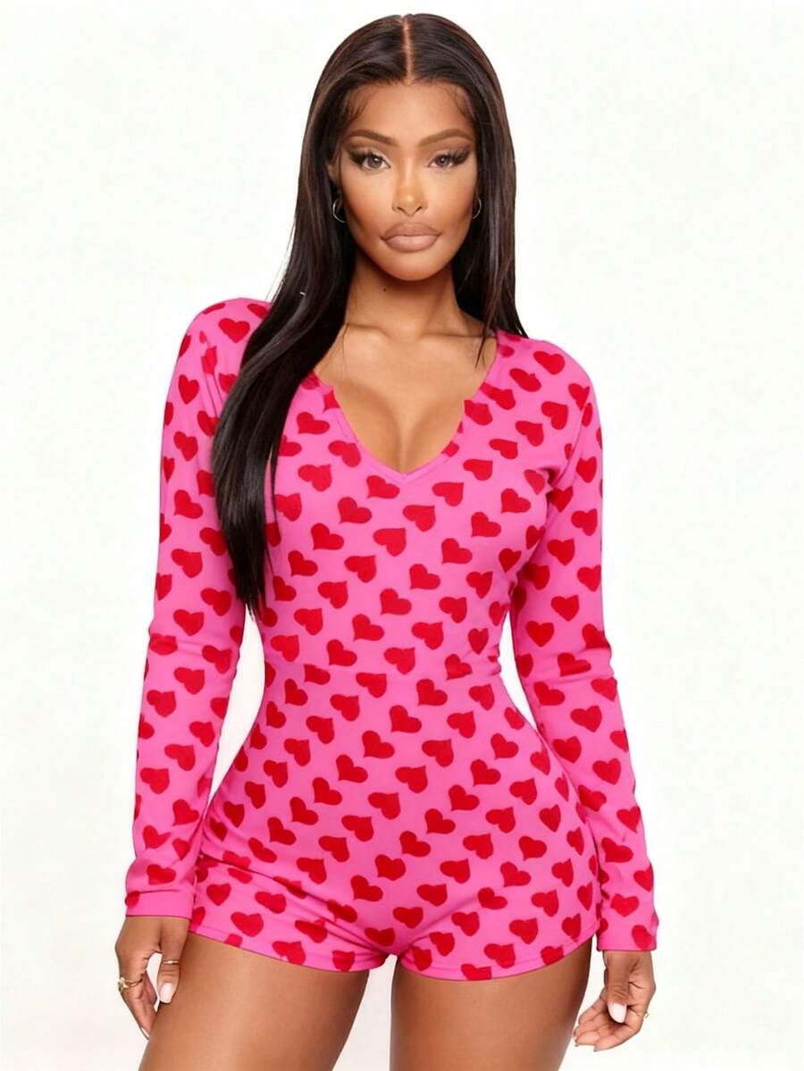 Women's Deep V Neck Shorts Long Sleeve One Piece Bodysuit Pajama Bodycon Rompers Overall Valentine's Day Loungewear Jumpsuit - 玫紅色 - 查看 1