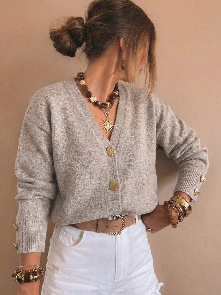 Áo khoác cardigan dệt kim cổ chữ V cài nút hình trái tim SEREN dành cho nữ, màu đen, dáng rộng, thích hợp cho ngày Valentine. - Lạc đà - Xem 1
