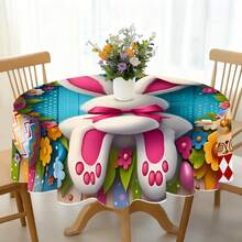 1pc Easter Bunny Silhouette Round Tablecloth, Spring Family Gathering Easy Clean Home Decor Round Table Cover, Spring Creative Gift, Suitable For Daily Dining Room And Living Room Decor, Easter Holiday, Outdoor Picnic - 100% Polyester Dust Cover - Multicolor - View 3