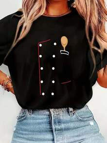 100% Cotton Chef Coat T-Shirt-Chef Uniform Jacket Shirt-Culinary T-Shirt Women's Summer Vacation Soft Tee Relaxed Fit Classic Comfort Tops - 黑色 - 查看 5
