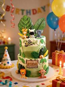 丛林动物蛋糕装饰，狮子、长颈鹿、猴子、大象、斑马，可爱动物蛋糕装饰，生日派对用品，野生动物主题，生日礼物 - 彩色 - 查看 8