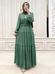 New Fashion Lace-Up Long Sleeve Dress For Women, Elegant Casual Daily Wear Ramadan Dress, Ramadan Dress, New Year Dress, Spring/Summer Dress - Green - View 4