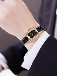 1 chiếc đồng hồ đeo tay nữ sang trọng cổ điển mạ vàng, hình chữ nhật, mặt nhỏ, đính kim cương lấp lánh tinh tế, thanh lịch, màu sắc tối giản thời trang, chất lượng cao, phù hợp với mọi trang phục và dịp lễ. - màu đen - Xem 5