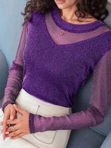 New Elegant Shiny Long Sleeve Loose Fit T-Shirt For Women, Versatile & Age-Reducing - Purple - View 3