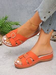 Plus Size Women's Summer New Fashion Casual High-Quality Orange PU Round Toe Wedge Heel Thick Sole Slip-On Sandals, Suitable For Daily Wear, Beach, Lightweight And Comfortable, Slip-On, Mother Shoes - Premium Orange PU - View 1
