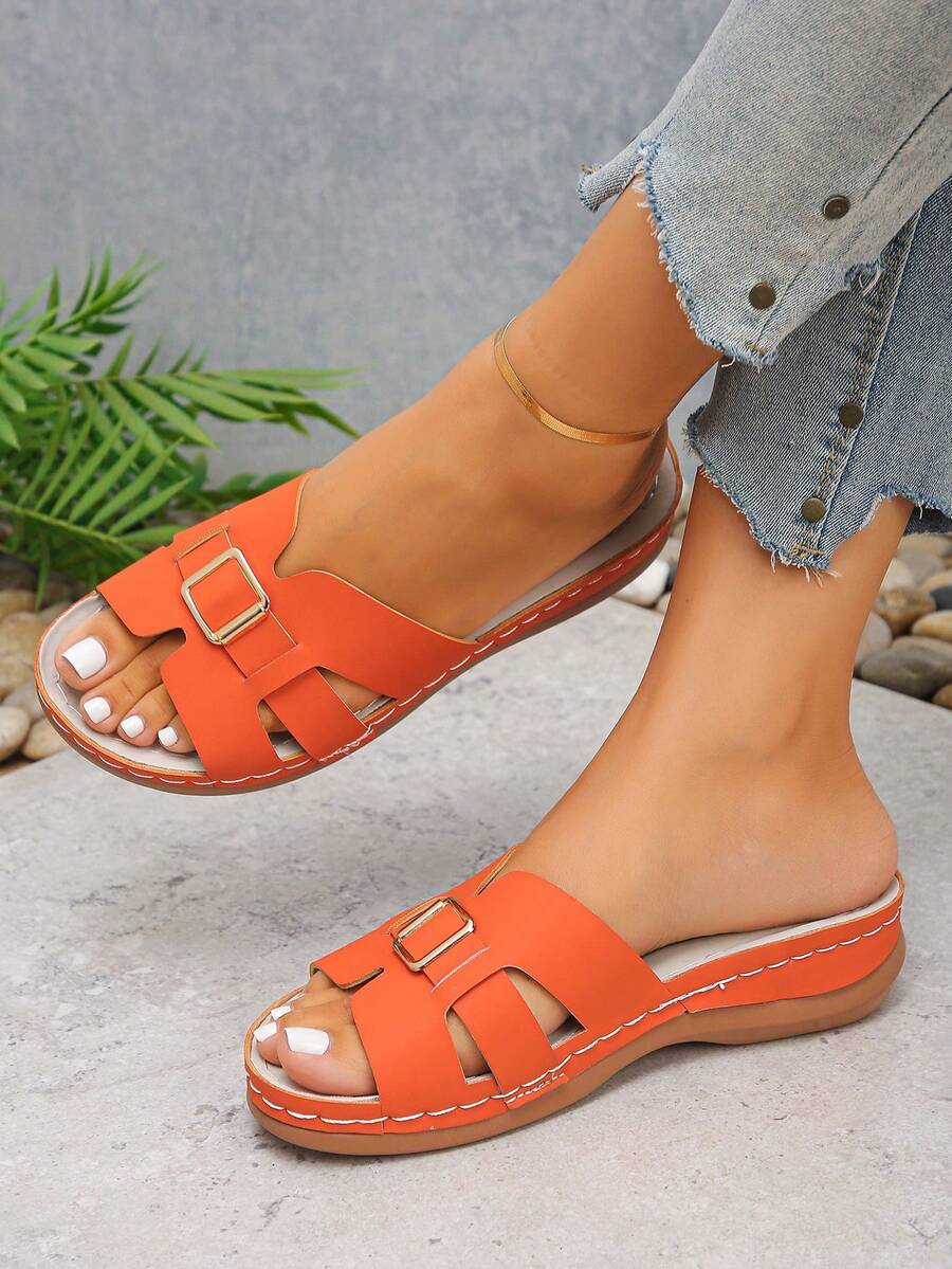 Plus Size Women's Summer New Fashion Casual High-Quality Orange PU Round Toe Wedge Heel Thick Sole Slip-On Sandals, Suitable For Daily Wear, Beach, Lightweight And Comfortable, Slip-On, Mother Shoes - Premium Orange PU - View 1