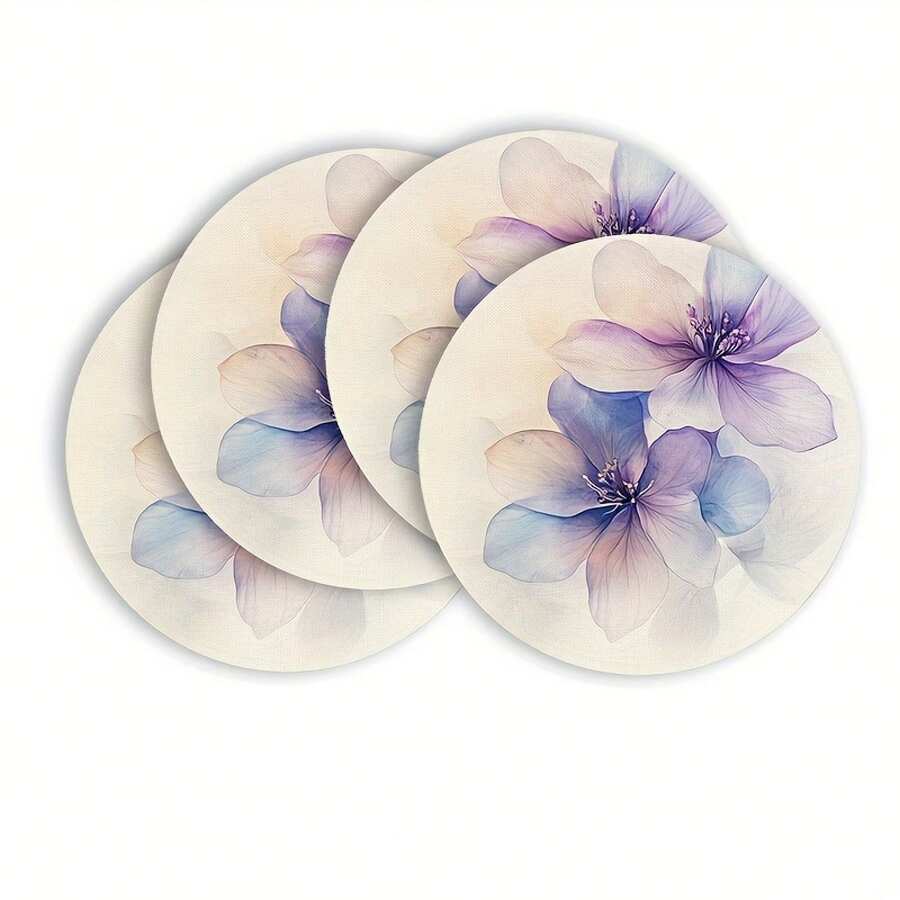 4-Piece Spring Round Tableware, Purple Flower And White Watercolor Illustration, 15inch , Easter Valentine's Day Mother's Day Family Party Kitchen Dining Decoration, Machine Washable, Polyester - 彩色 - 查看 1