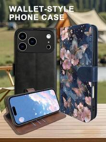 1PC Premium Durable Flip Wallet Phone Case Deep Blue Cherry Blossom Gold Trim Butterfly Art Design Compatible With IPhone 17/16/15/14/13/12 Series (Including Pro Max And Plus Models) With Foldable Stand And Credit Card Slots, Custom Made For Those Who Pursue Fashion And Perfection. - 黑色 - 查看 6
