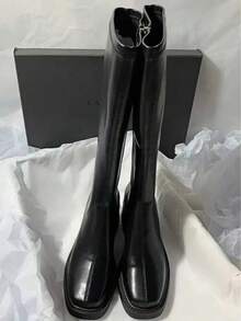 Fall/Winter New Mid-Heel Knee-High Boots, Leather Motorcycle Riding Boots, Versatile Design For Women. [Recommend Ordering One Size Up When Wearing Thick Socks] - 黑色 - 查看 4