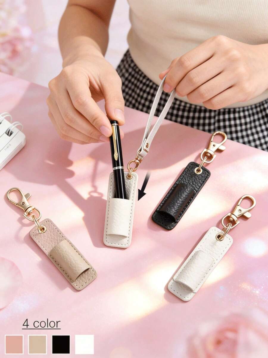 1pc Portable Pen Clip Keychain, Compact Leather Pen Holder With Keyring - Multicolor - View 1