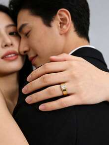 TONSI 1枚奢华简约高端浪漫18K镀金不锈钢方形宝石戒指，结婚戒指，情侣戒指，送给朋友、情侣、情人节的礼物，情侣珠宝礼盒