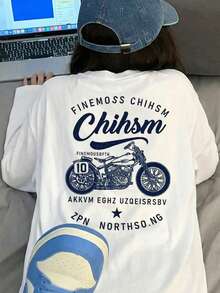 Women's Casual Loose Fit Round Neck Cartoon Letter & Motorcycle Print Long Sleeve Cotton T-Shirt, Spring/Autumn - White - View 1