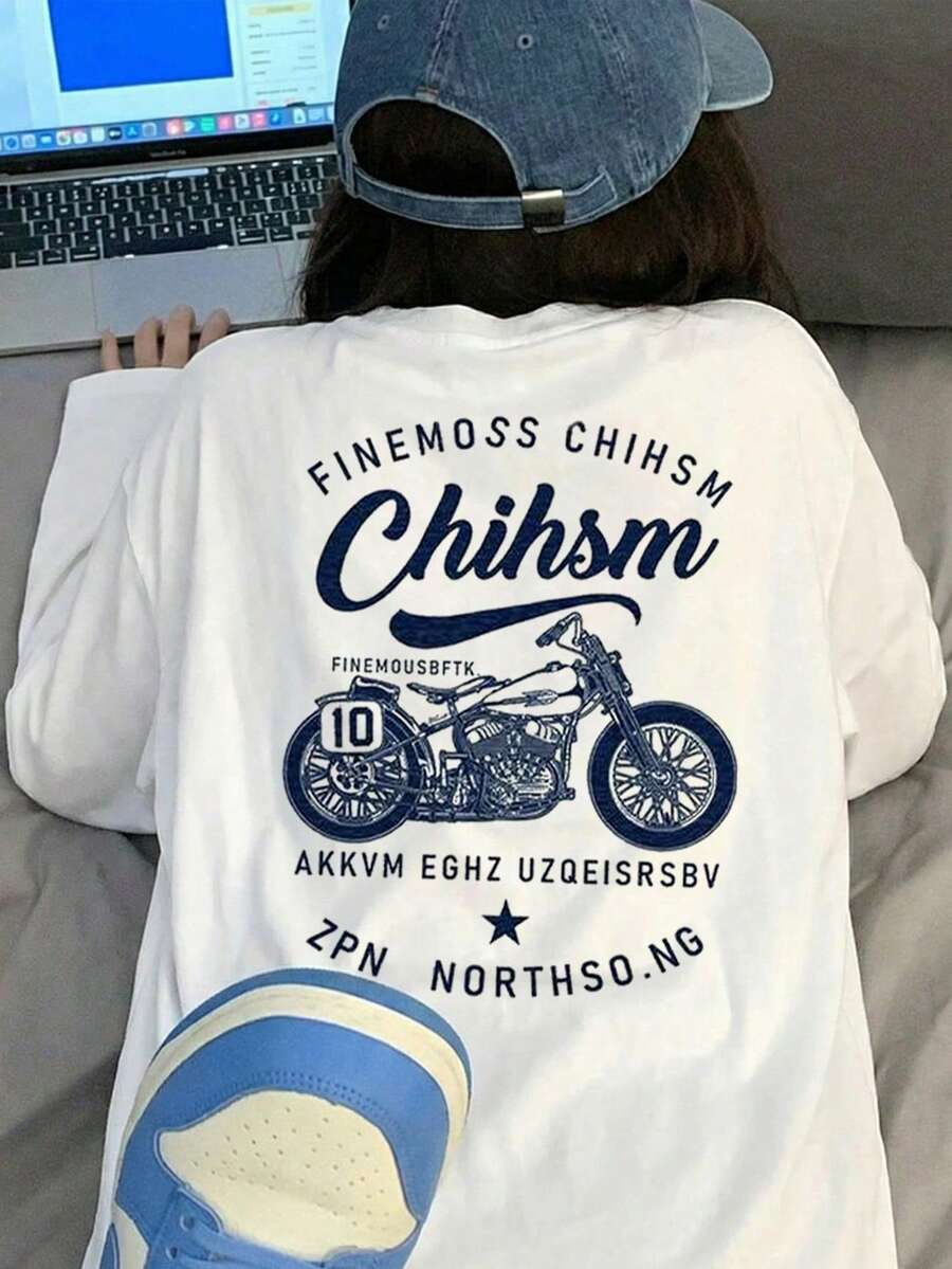 Women's Casual Loose Fit Round Neck Cartoon Letter & Motorcycle Print Long Sleeve Cotton T-Shirt, Spring/Autumn - White - View 1
