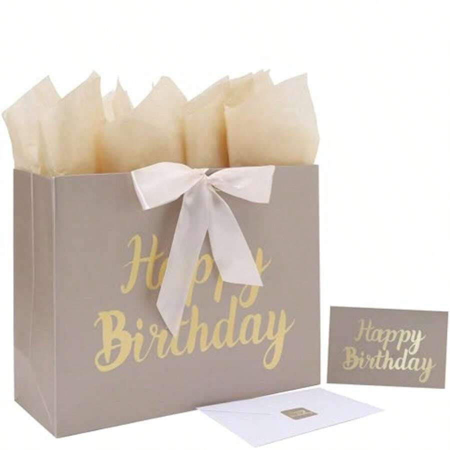 Gift Bags Large With Ribbon13'' Large Birthday Gift Bag Set With Ribbon Handles Greeting Card Tissue Papers And Stickers For Women S Men S Gold Foil Happy Birthday Design 1 Pcs - Gold - View 1