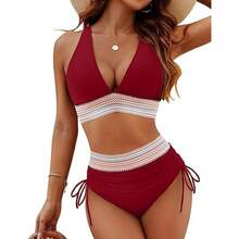 Women High Waisted Bikini Sets Tummy Control Swimsuits Color Block Two Piece Drawstring Bathing Suit Outdoorfun - 藍綠色 - 查看 5
