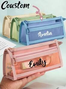 Personalized Customized Name Clear Large Capacity Pencil Case, Fashion Simple Pencil Bag, High Capacity Nylon Mesh Breathable Pen Bag, Exam/Student Stationery Bag, Mesh Pencil Pouch, Simple Student Supplies Box, Back To School, Learning Supplies - Multicolor - View 2