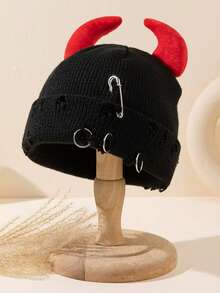 1pc Cute Little Devil Horn Knit Beanie Hat, Hip Hop Style, Autumn Winter Party Hat - Multicolor - View 5