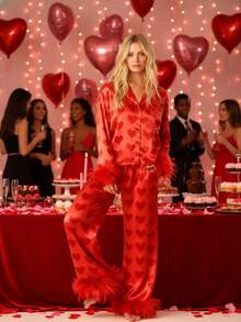 Bridal Pajama Set With Feather Trim For Women Elegant Silk-Like Satin Sleepwear Valentine's Day Nightwear Bachelorette Party Outfits - Đỏ - Xem 1