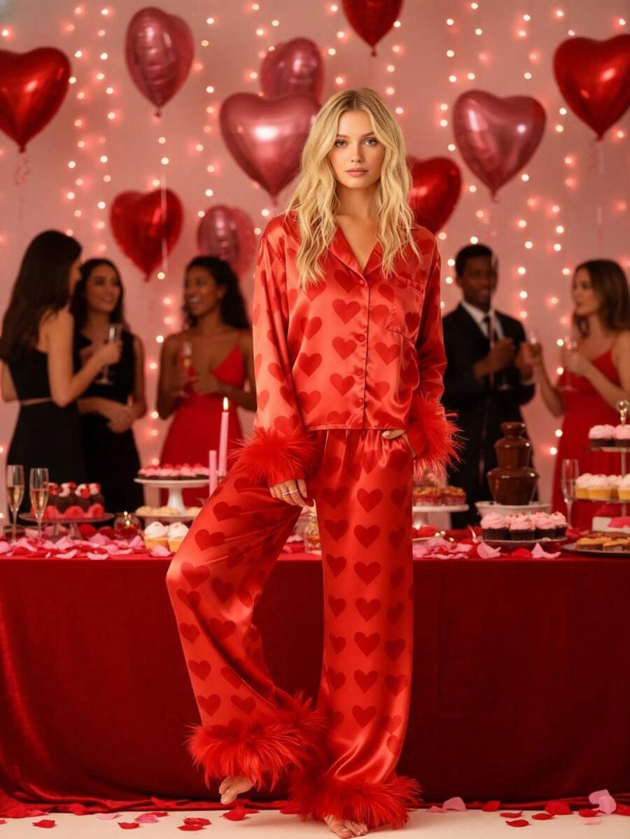 Bridal Pajama Set With Feather Trim For Women Elegant Silk-Like Satin Sleepwear Valentine's Day Nightwear Bachelorette Party Outfits - Đỏ - Xem 1