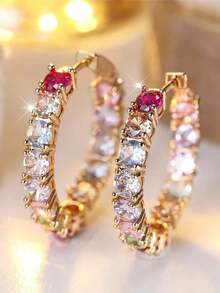 1 đôi bông tai khoen tròn đính đá Zirconia màu hồng đỏ cầu vồng lấp lánh, sang trọng dành cho nữ, màu vàng kim, trang sức cưới/sinh nhật cho phụ nữ. - hoa tai - Xem 2