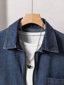 Teen Girl Casual Minimalist Fashion Double Zipper Loose Snowflake Washed Denim Top, Suitable For Spring, Summer, Autumn And Winter - Dark Wash - View 5