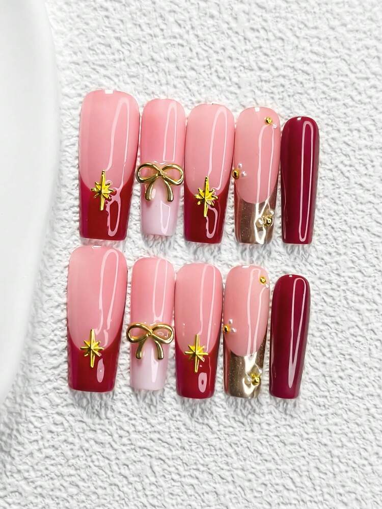 10pcs French Manicure Nail Stickers, Chic Style With Gold & Deep Red French Tips, Pearlescent Star Design, 3 Styles Available: Almond, Square, Stiletto Shapes, Includes Tool Kit (1 Jelly Sticker + 1 Nail File), Suitable For Women & Girls, Daily, Photography, Party, Wedding Nails Nail Supplies - 彩色 - 查看 19
